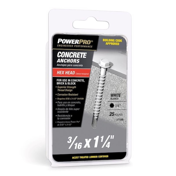 Concrete Screw Anchor, 1-1/4 in L, Carbon Steel White Epoxy Coated, 25 PK